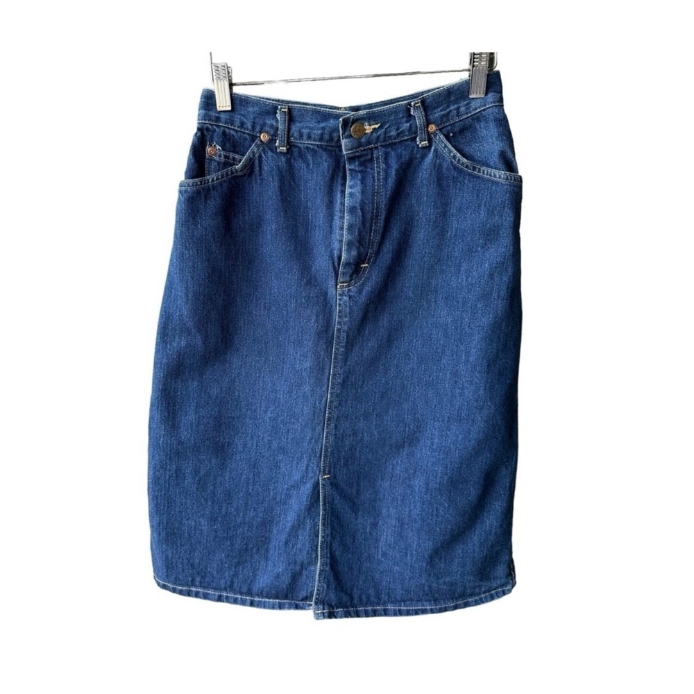 Vintage Lee Riders Denim Midi Skirt High Waisted Blue Cotton Western Size 11